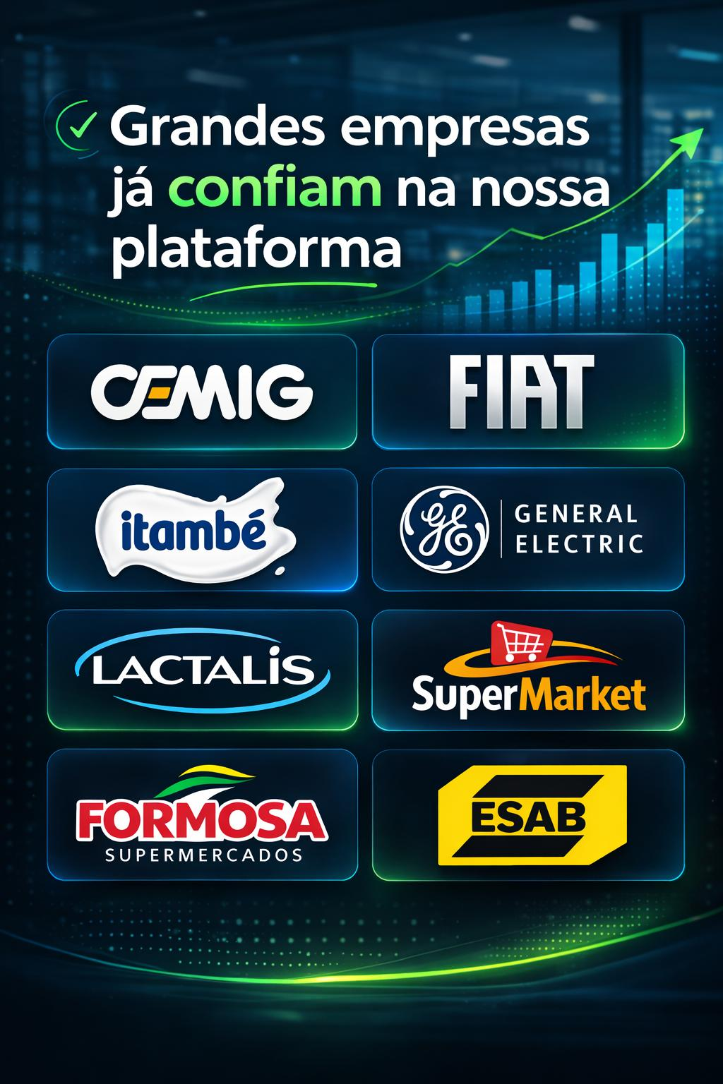 Grandes empresas já confiam na nossa plataforma: logos CEMIG, FIAT, Itambé, General Electric, Lactalis, SuperMarket, Formosa Supermercados e ESAB