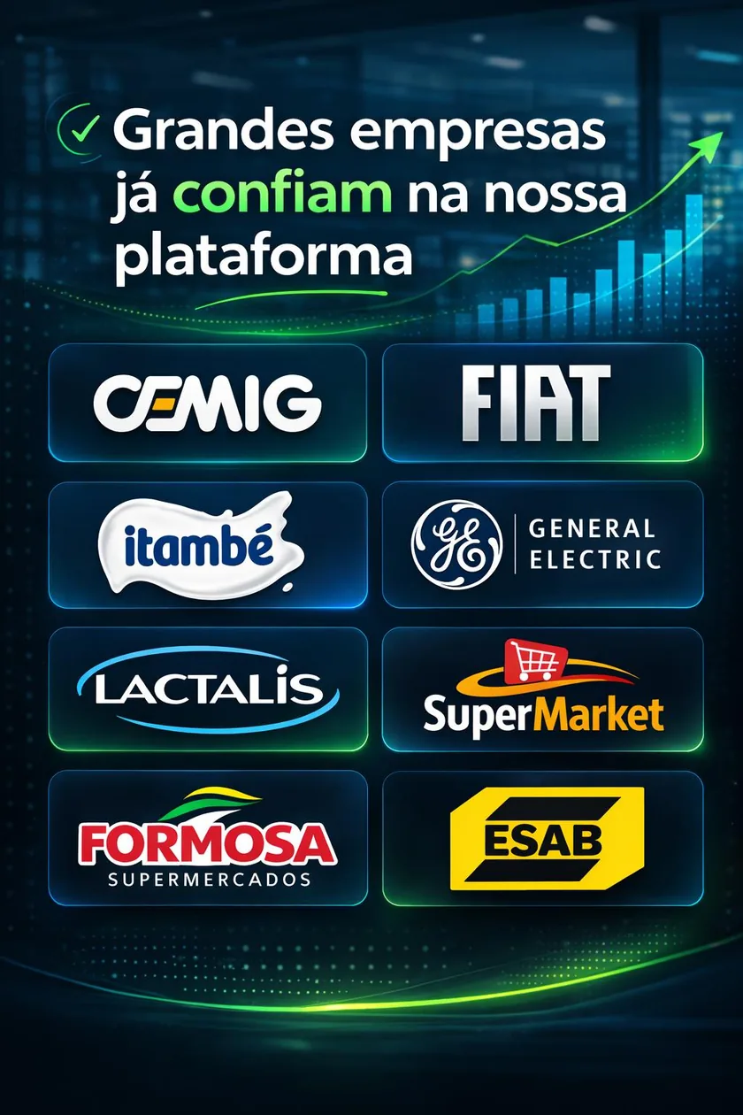 Grandes empresas já confiam na nossa plataforma: logos CEMIG, FIAT, Itambé, General Electric, Lactalis, SuperMarket, Formosa Supermercados e ESAB